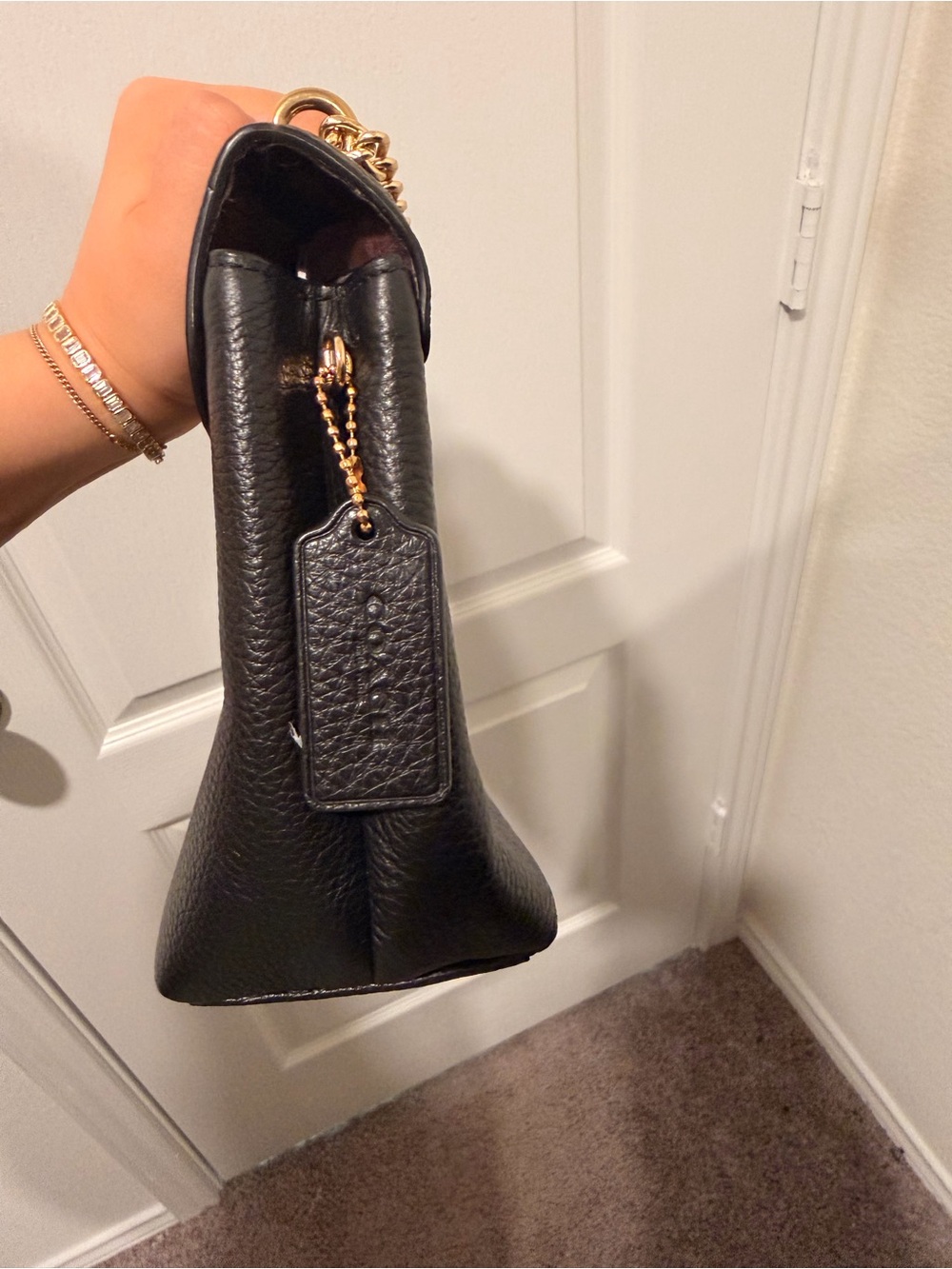 Coach Black Pebbled Leather Crossbody with Gold 'C' and Chain Strap - Picture 5 of 9